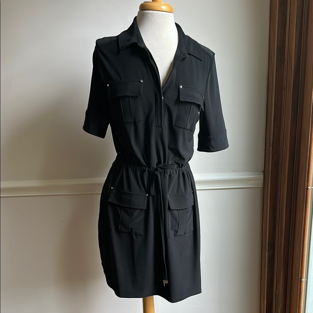 White House Black Market Short Sleeve Utility Dress Pockets Tie Waist 10 EUC